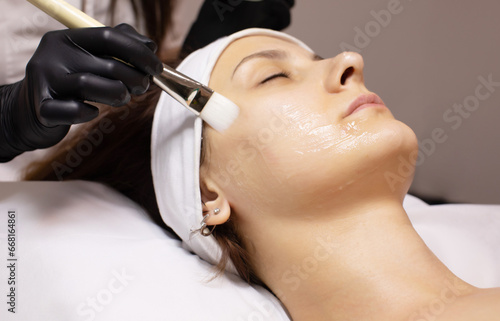 Closeup of a beauty therapist applying a face mask to a woman with perfect fresh skin. Cosmetology and facial skin care.