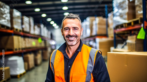 Gérant d'un entrepôt de stockage souriant,  avec gilet fluo de sécurité © Concept Photo Studio