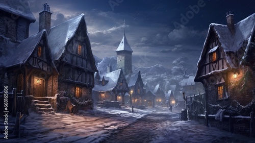 A gentle snowfall, with flakes softly descending upon a sleepy, idyllic village.