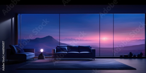 A modern and minimalist living room, with a 3 D fractal texture, and a blue hour lighting effect. AI Generative