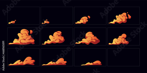 Set of fire flames. Fire explosion sprites frame loop animation for cartoon, video game, motion graphic. Vector editable illustration art.