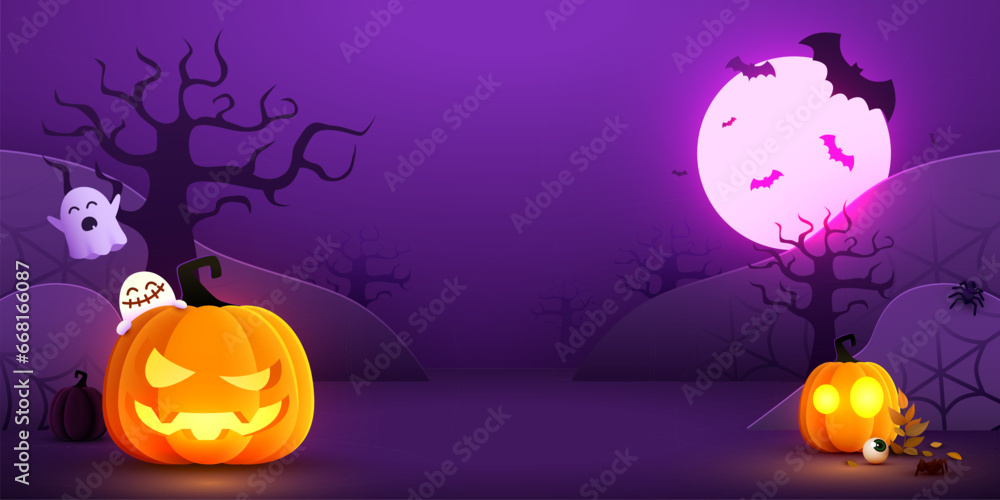 Halloween night background with pumpkins, trees, bats and ghosts.