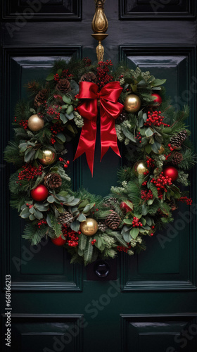 Christmas wreath with red bow on dark green door. Festive decoration.