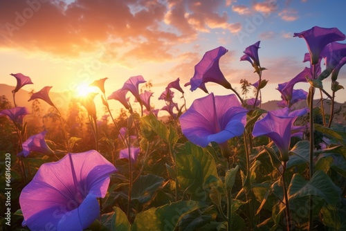 Field of Purple Morning Glory Flowers during Sunset Generative Illustration