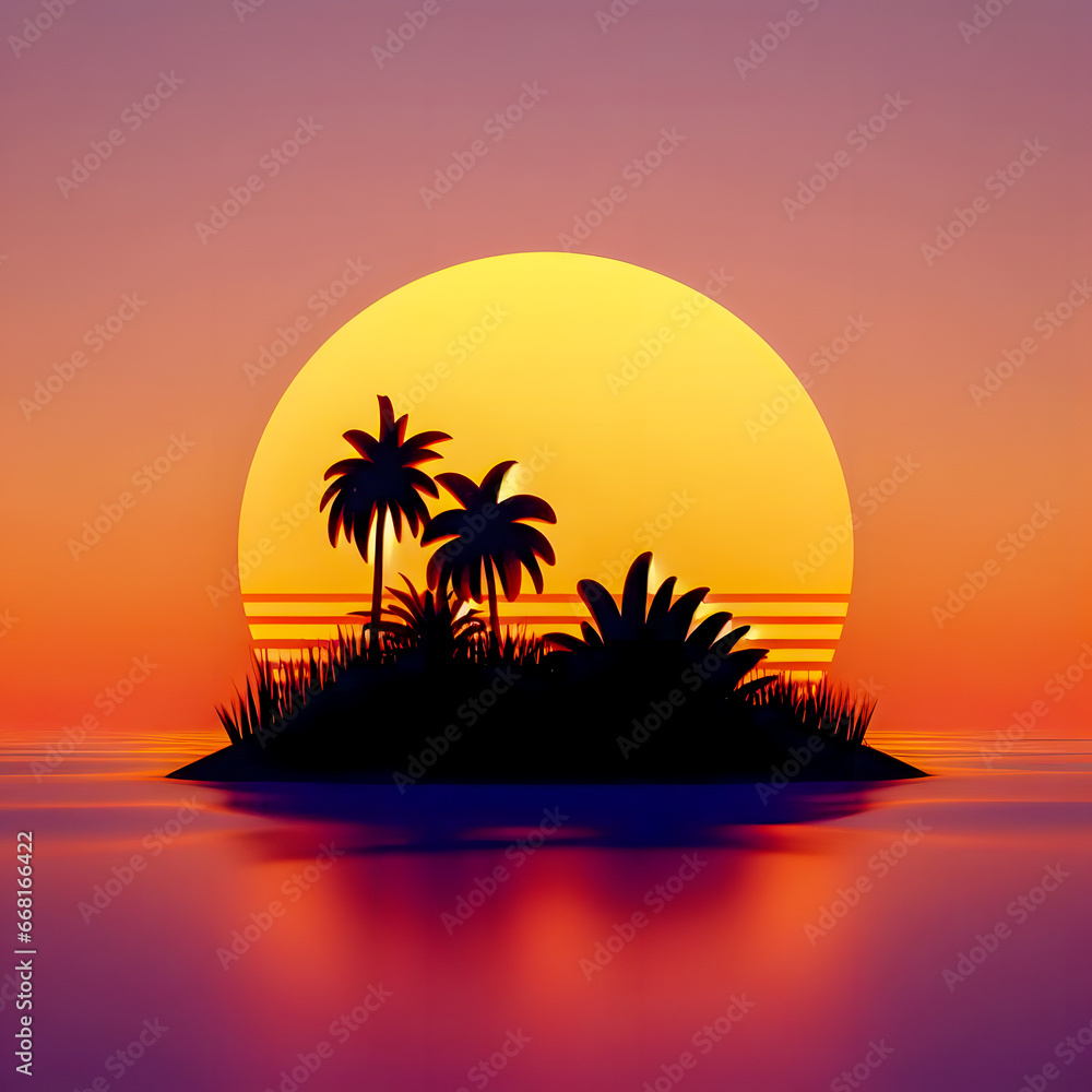 a sunset with palm trees and a small island in the middle Generative AI