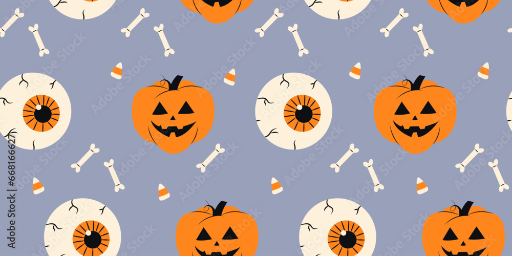 Cute Halloween seamless pattern with human eyes pumpkin and bones on a violet background. Halloween various elements. Pattern for and print design. Vector stock illustration in cartoon style.