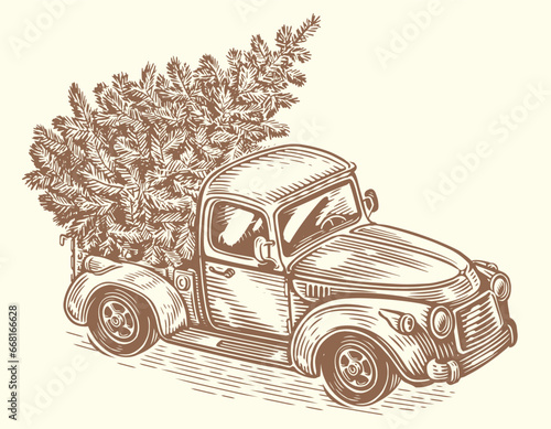 Hand drawn Christmas retro truck with pine tree in sketch style. Happy holidays vintage vector illustration