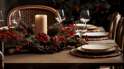 An elegantly set dining table with candles  pinecones  and natural forest-themed decorations.