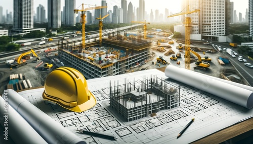 Meticulous planning phase of construction with architectural drawings and yellow protective helmet, with an operational construction site in the backdrop photo