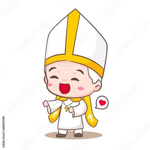 Cute Pope cartoon character. Happy smiling catholic priest mascot character. Christian religion concept design. Isolated white background. vector art illustration.	