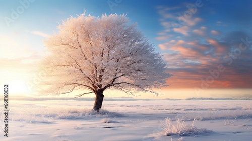 A lone tree standing proudly in the midst of a winter wonderland, its branches dusted with fresh snow, with the early morning sun illuminating the scene.