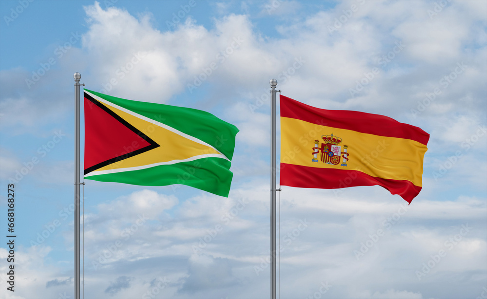 Spain and Guyana flags, country relationship concept Spain and Guyana flags, country relationship concept