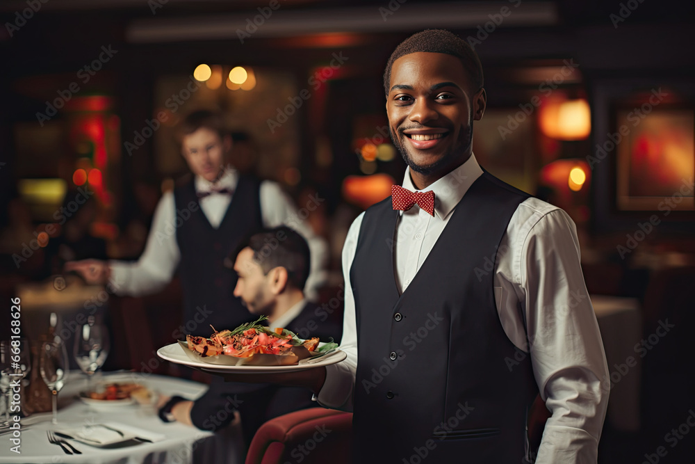 A confident and welcoming waiter, dressed in uniform, provides excellent service to guests in a restaurant.