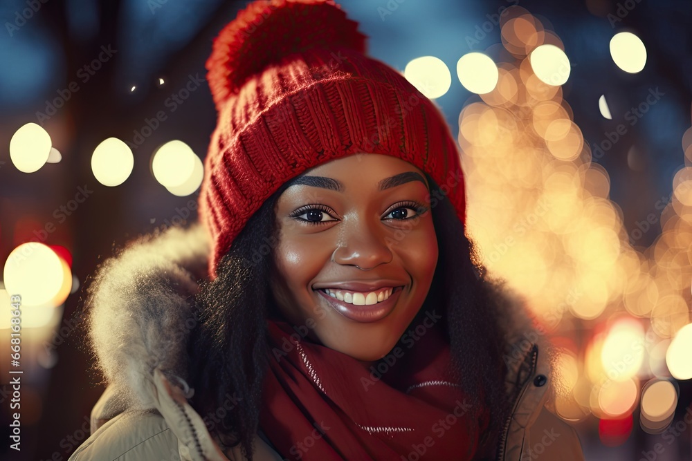 Happy and stylish young woman enjoying the winter season in the city, radiating a festive mood with a warm smile. Happy and stylish young woman enjoying the winter season in the city, radiating a festive mood with a warm smile.