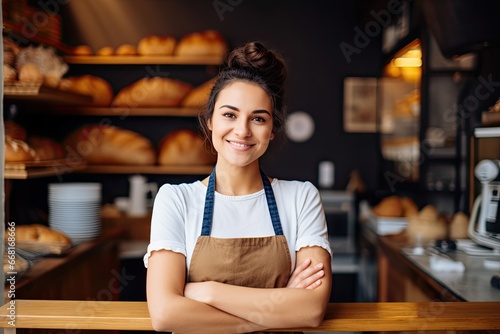 A cheerful and professional young woman in an apron with a warm smile serves customers in her bakery or cafe.