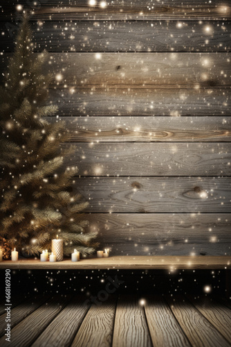 Wooden shelf with christmas decoration against snow falling on wooden planks.