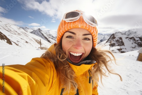 a happy cheerful young woman in warm winter clothes taking a selfie on a ski vacation on winter christmas holidays on a snowy mountain riding a snowboard, having much fun in the snowy terrain photo