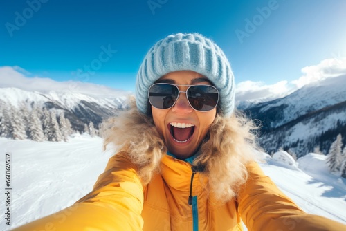 a happy cheerful young woman in warm winter clothes taking a selfie on a ski vacation on winter christmas holidays on a snowy mountain riding a snowboard, having much fun in the snowy terrain photo