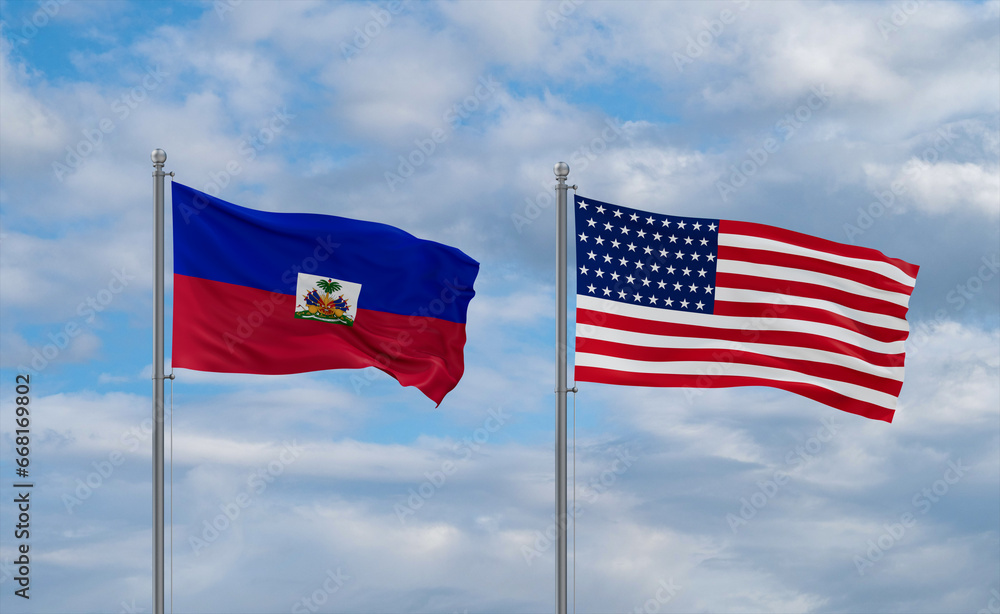 USA and Haiti flags, country relationship concepts