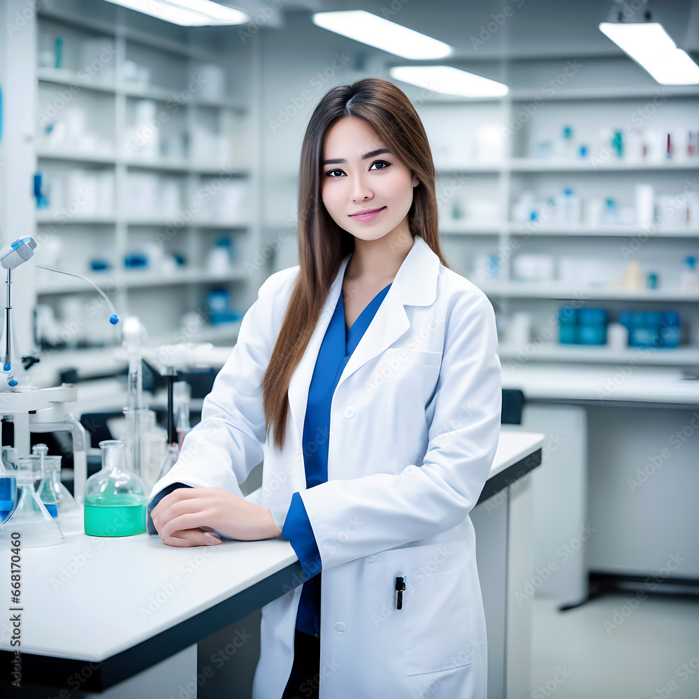 Beautiful young woman scientist wearing white coat and glasses in modern Medical Science Laboratory with Team of Specialists on background, AI generated