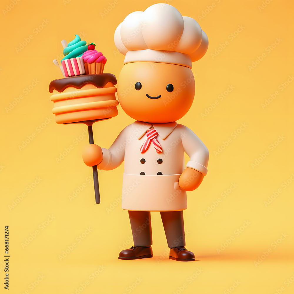 there is a small toy chef holding a cake and a fork Generative AI there is a small toy chef holding a cake and a fork Generative AI