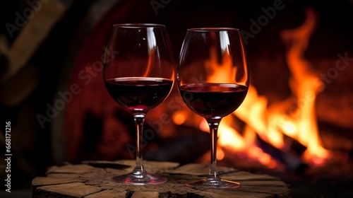 A pair of elegant wine glasses filled with red wine in front of a blazing fire.