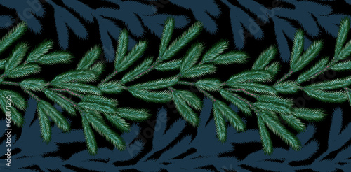 Pine branches Winter seamless pattern Border ornament blue colors