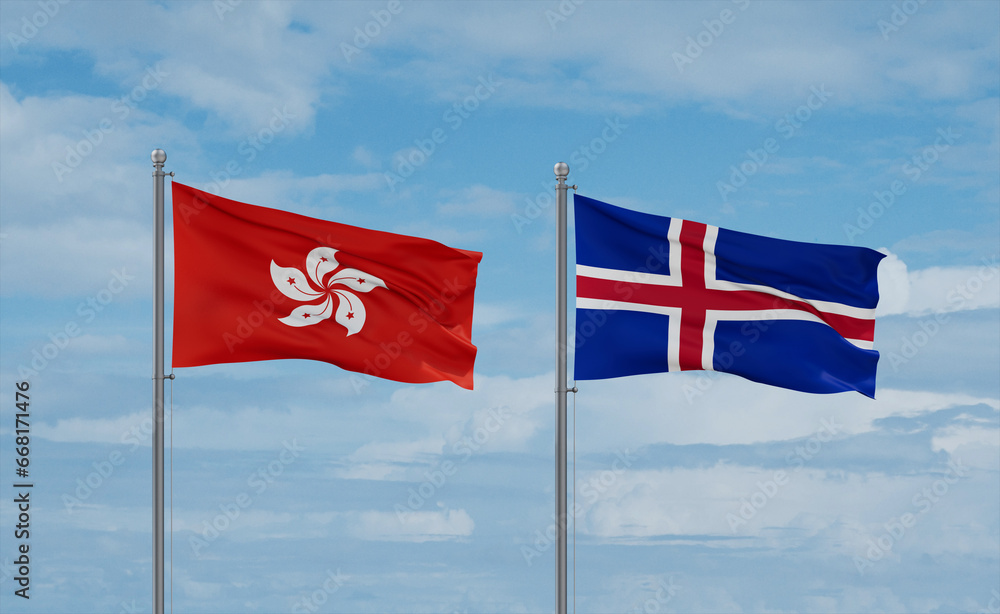 Iceland and Hong Kong flags, country relationship concept