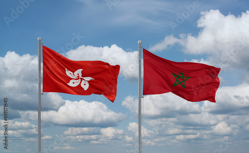 Morocco and Hong Kong flags, country relationship concept