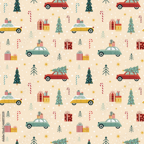Christmas Pattern with Cars Carrying Cristmas Tree