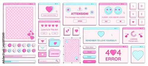Set of Y2K Valentine Day retro computer windows, buttons, messages and other romantic interface elements with cheering phrases. Vector illustration.