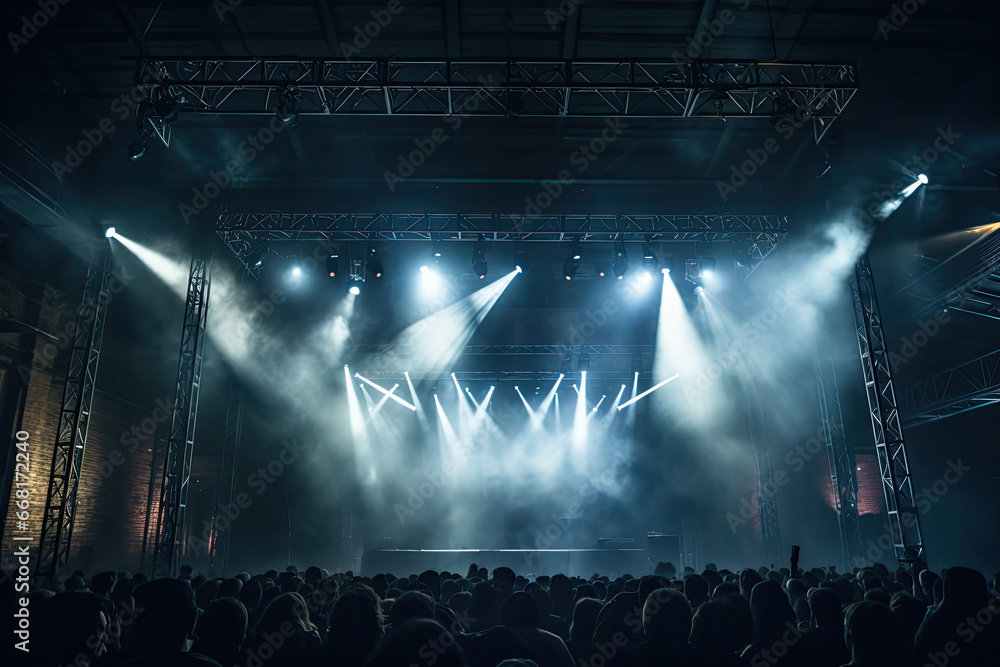 A concert stage with an industrial vibe. Exposed brick walls, metal trusses, sand potlights. Crowd in the background.