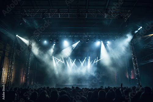 A concert stage with an industrial vibe. Exposed brick walls, metal trusses, sand potlights. Crowd in the background.