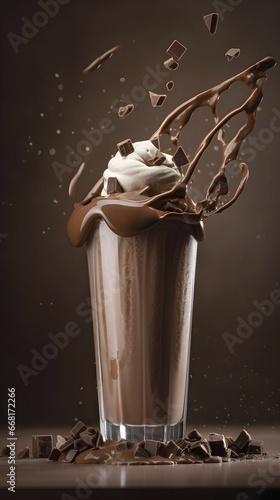 Delicious chocolate milkshake floating in the air, sweet bliss, splash, generative ai