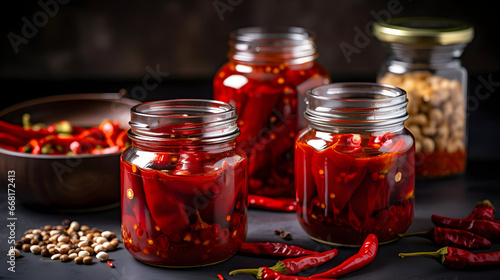 Jars of roasted red peppers surrounded by olive oil, fresh peppers and dried chili flakes, generative ai