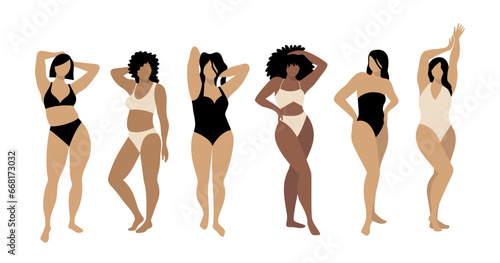 Set of beautiful plus size women in swimsuits. Female curvy characters of different ethnicity and skin color. Diversity. Positive body concept. Isolated vector illustration