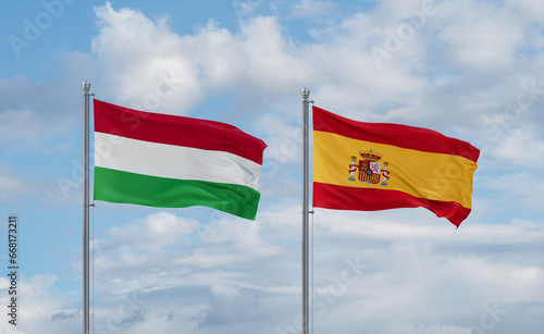 Spain and Hungary flags, country relationship concept