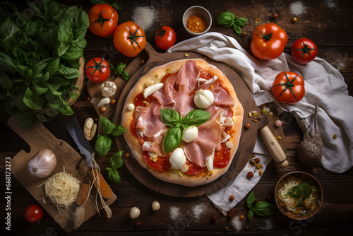 Pinsa Romana with cooked ham, mozzarella and vegetables on wooden table top view, generative ai