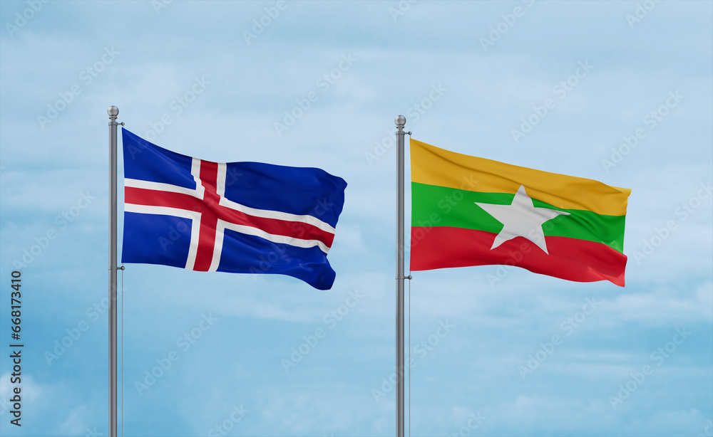 Myanmar and Iceland flags, country relationship concept Myanmar and Iceland flags, country relationship concept