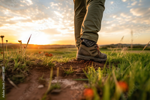 Hiking boots on a trail in the meadow at sunset.