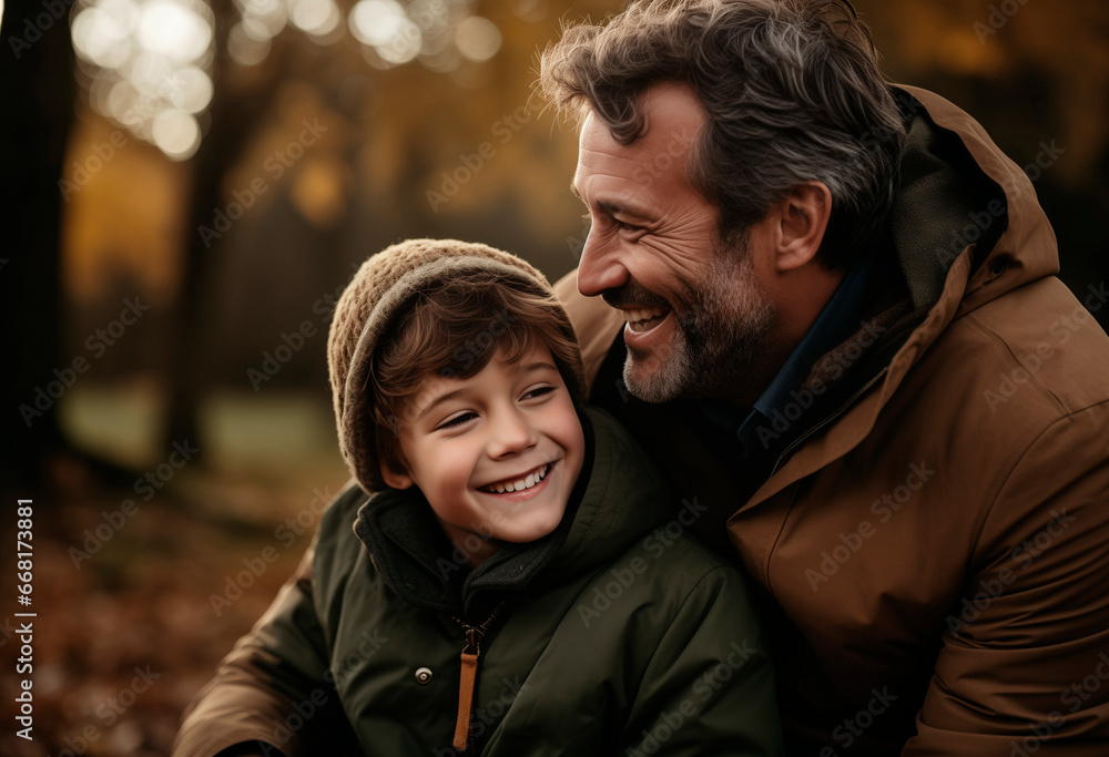 Portrait of a family moment of happy father and son in a park or forest. Portrait of a family moment of happy father and son in a park or forest.