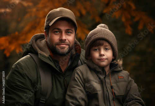 Family Portrait: Dad and Son in Cold-Weather Outfits"