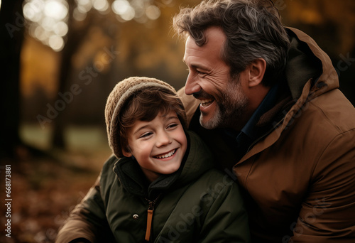 Portrait of a family moment of happy father and son in a park or forest.
