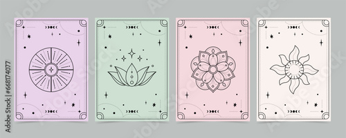 Tarot cards set - esoteric mystical deck design with spiritual symbols. Vector illustration template, boho style