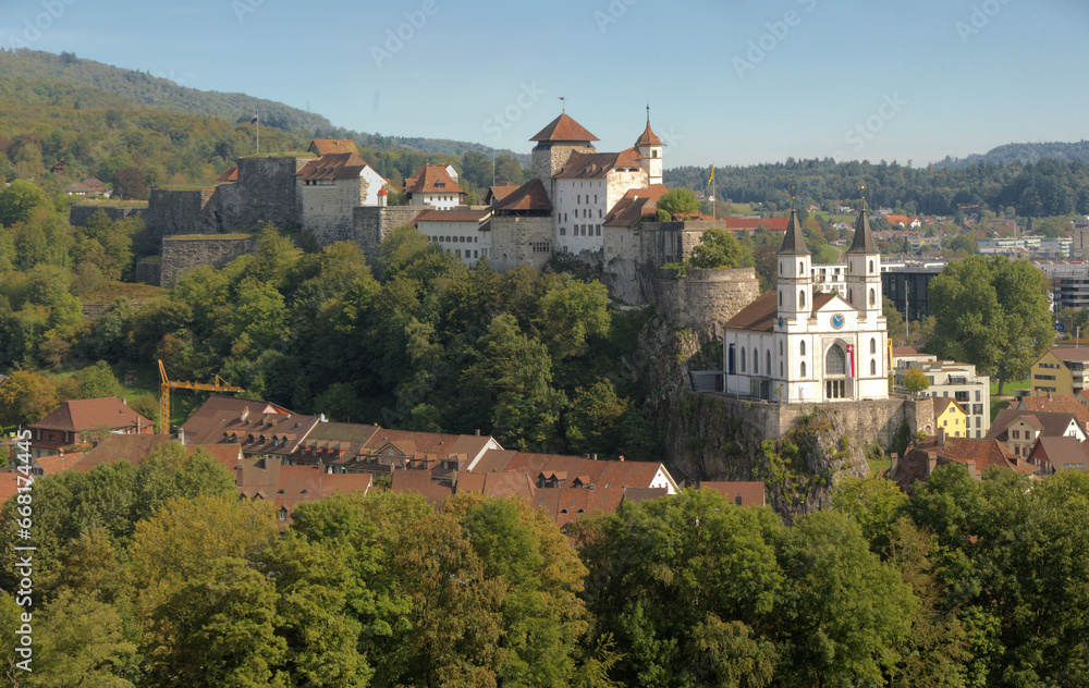 Aarburg, Canton of Aargau, showing the castle and Evangelical church