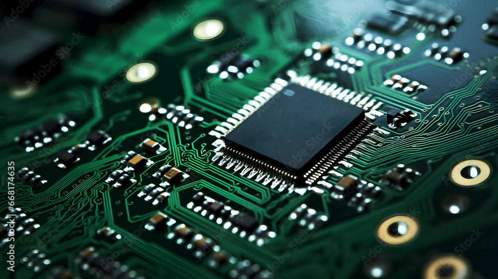 Close-up of a vibrant circuit board with microchips and electronic components, showcasing the intricate design of modern technology. Close-up of a vibrant circuit board with microchips and electronic components, showcasing the intricate design of modern technology.