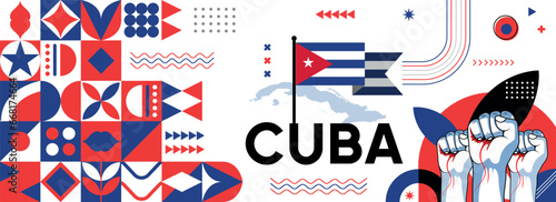 Cuba national or independence day banner for country celebration. Flag and map of Cuba with raised fists. Modern retro design with typography abstract geometric icons . Vector illustration. photo
