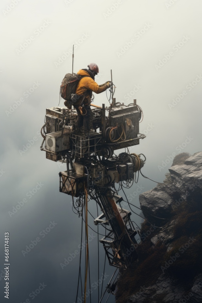 A man standing on top of a tower situated on a majestic mountain peak. A man standing on top of a tower situated on a majestic mountain peak.