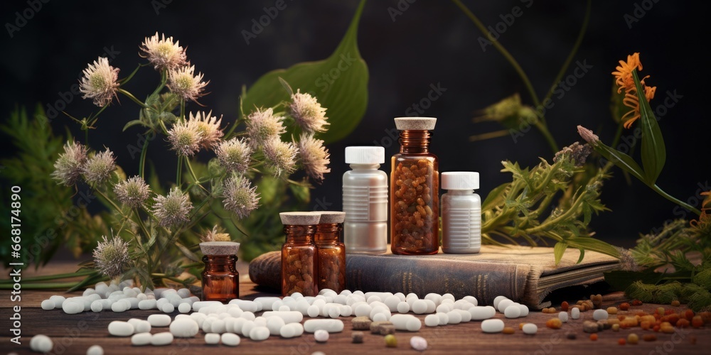 A bunch of pills sitting on top of a wooden table. This image can be used to illustrate healthcare, medicine, pharmaceuticals, addiction, or drug abuse