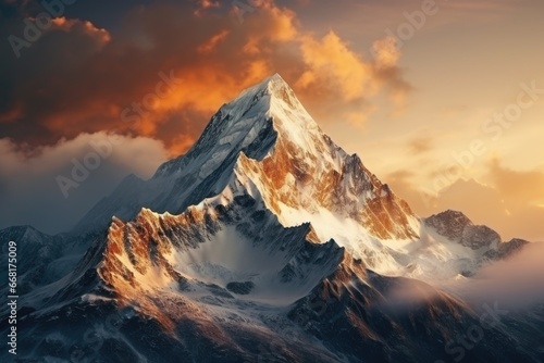 A picturesque mountain covered in snow and surrounded by clouds, captured under a cloudy sky. Perfect for nature and landscape enthusiasts looking to add a touch of serenity to their projects